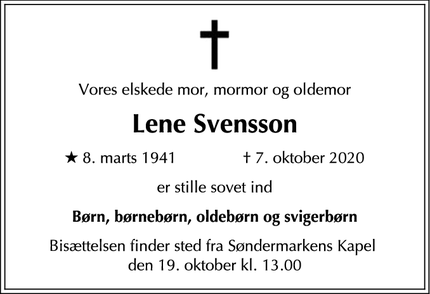 Dødsannoncen for Lene Svensson - Frederiksberg