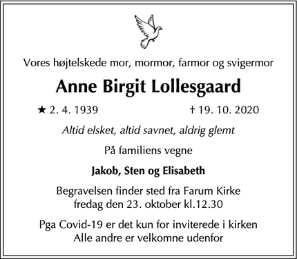 Dødsannoncen for Anne Birgit Lollesgaard - Humlebæk 