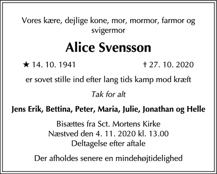 Dødsannoncen for Alice Svensson - Næstved