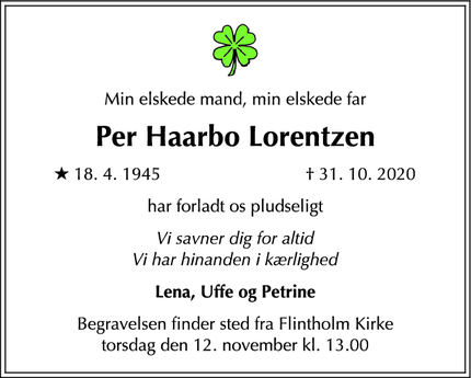 Dødsannoncen for Per Haarbo Lorentzen - Frederiksberg