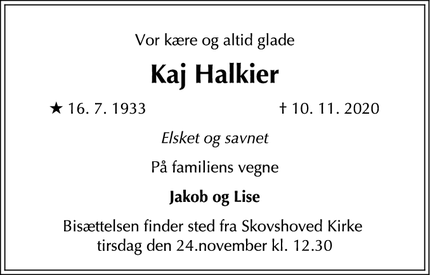 Dødsannoncen for Kaj Halkier - København K