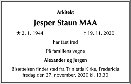 Dødsannoncen for  Jesper Staun MAA - Fredericia