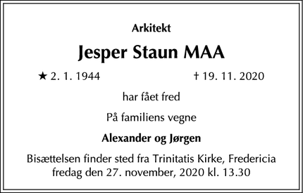 Dødsannoncen for Jesper Staun MAA - Fredericia