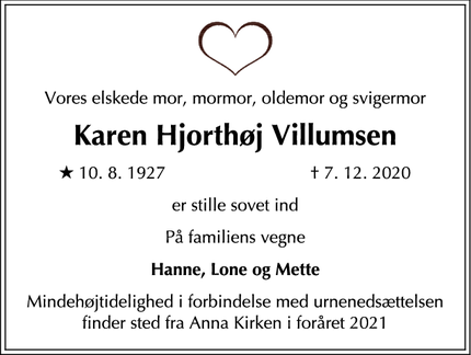 Dødsannoncen for Karen Hjorthøj Villumsen - København