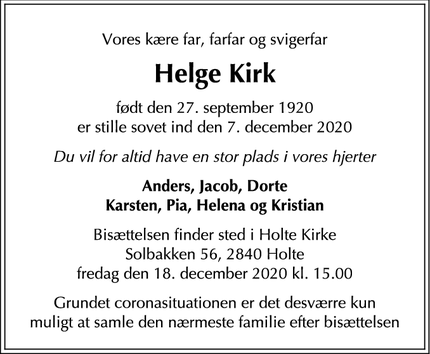 Dødsannoncen for Helge Kirk - Holte