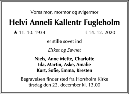 Dødsannoncen for Helvi Anneli Kallentr Fugleholm - Frederiksberg