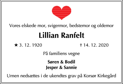 Dødsannoncen for Lillian Ranfelt - Greve