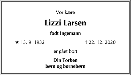 Dødsannoncen for Lizzi Larsen - Hvidovre