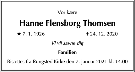 Dødsannoncen for Hanne Flensborg Thomsen - Hørsholm