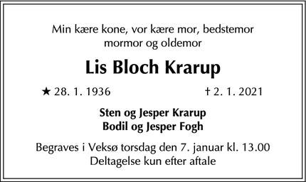 Dødsannoncen for Lis Bloch Krarup - Veksø Sjælland