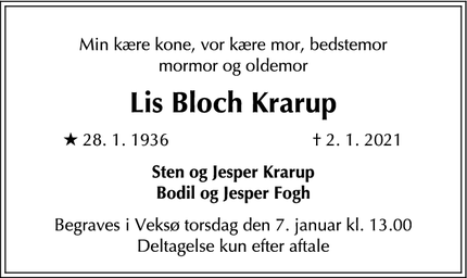Dødsannoncen for Lis Bloch Krarup - Veksø Sjælland