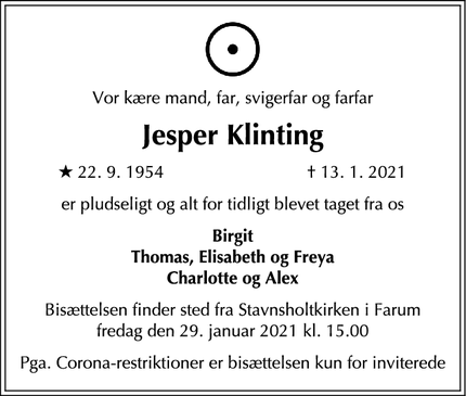 Dødsannoncen for Jesper Klinting - Farum