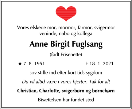 Dødsannoncen for Anne Birgit Fuglsang - Bagsværd