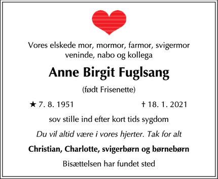 Dødsannoncen for Anne Birgit Fuglsang - Bagsværd