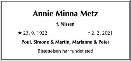 Dødsannoncen for Annie Minna Metz - 2900