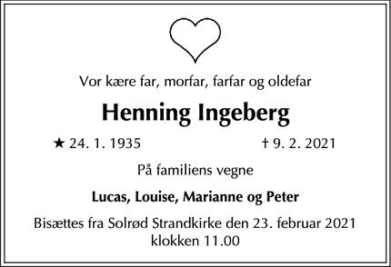 Dødsannoncen for Henning Ingeberg - Solrød Strand