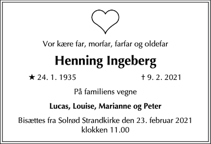 Dødsannoncen for Henning Ingeberg - Solrød Strand