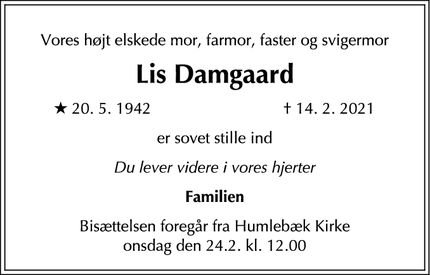 Dødsannoncen for Lis Damgaard - Humlebæk