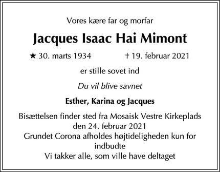 Dødsannoncen for Jacques Isaac Hai Mimont - Hellerup