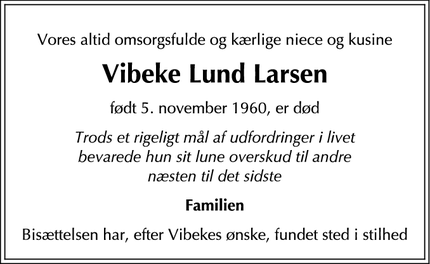 Dødsannoncen for Vibeke Lund Larsen - Valby