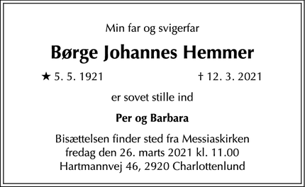 Dødsannoncen for Børge Johannes Hemmer - Skamby