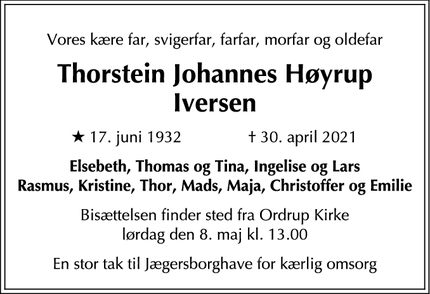 Dødsannoncen for Thorstein Johannes Høyrup Iversen - Ordrup (Gentofte Kommune)