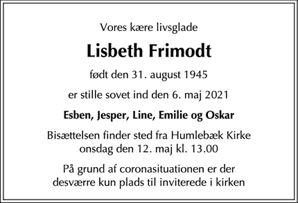Dødsannoncen for Lisbeth Frimodt - Humlebæk
