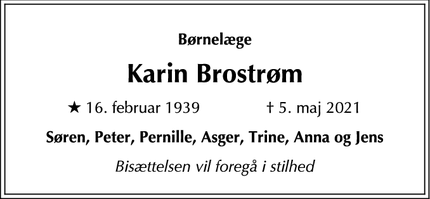 Dødsannoncen for Karin Brostrøm - Randers Nv
