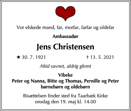 Dødsannoncen for Jens Christensen - Taarbæk