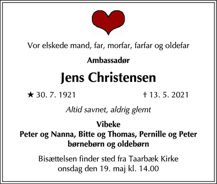 Dødsannoncen for Jens Christensen - Taarbæk 