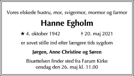 Dødsannoncen for Hanne Egholm - Farum