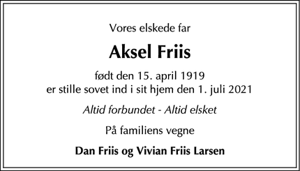Dødsannoncen for Aksel Friis - Hornbæk