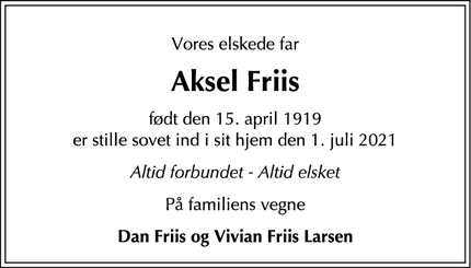 Dødsannoncen for Aksel Friis - Hornbæk