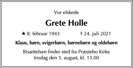 Dødsannoncen for Grete Holle - Hørsholm