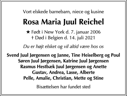 Dødsannoncen for Rosa Maria Juul Reichel - Rungsted Kyst