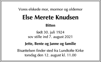 Dødsannoncen for Else Merete Knudsen - Rungsted Kyst