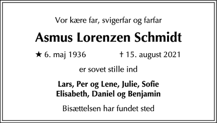 Dødsannoncen for Asmus Lorenzen Schmidt - Hørsholm