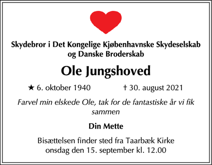 Dødsannoncen for Ole Jungshoved - Charlottenlund