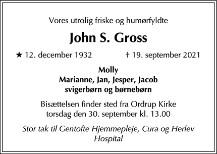 Dødsannoncen for John S. Gross - Ordrup - 2920 Charlottenlund