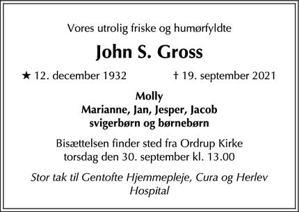 Dødsannoncen for John S. Gross - Ordrup - 2920 Charlottenlund