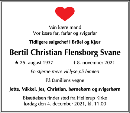 Dødsannoncen for Bertil Christian Flensborg Svane - Charlottenlund
