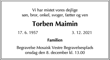 Dødsannoncen for Torben Maimin - hellerup