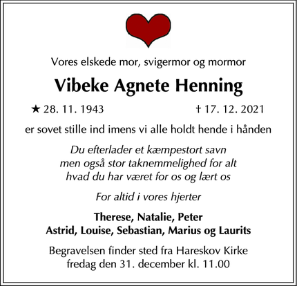 Dødsannoncen for Vibeke Agnete Henning - Hareskovby