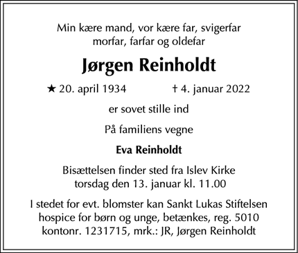 Dødsannoncen for Jørgen Reinholdt - Vanløse