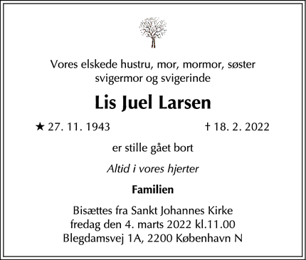 Dødsannoncen for Lis Juel Larsen - København