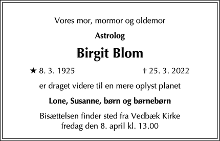 Dødsannoncen for Birgit Blom - Vedbæk