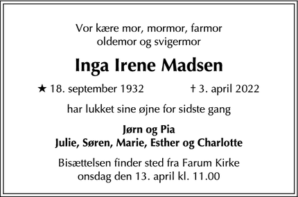 Dødsannoncen for Inga Irene Madsen - Nordhavn
