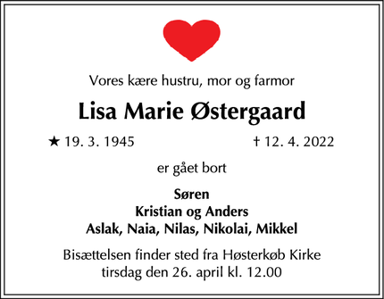 Dødsannoncen for Lisa Marie Østergaard - Birkerød