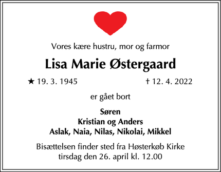 Dødsannoncen for Lisa Marie Østergaard - Birkerød