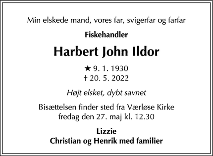 Dødsannoncen for Harbert John Ildor - Værløse